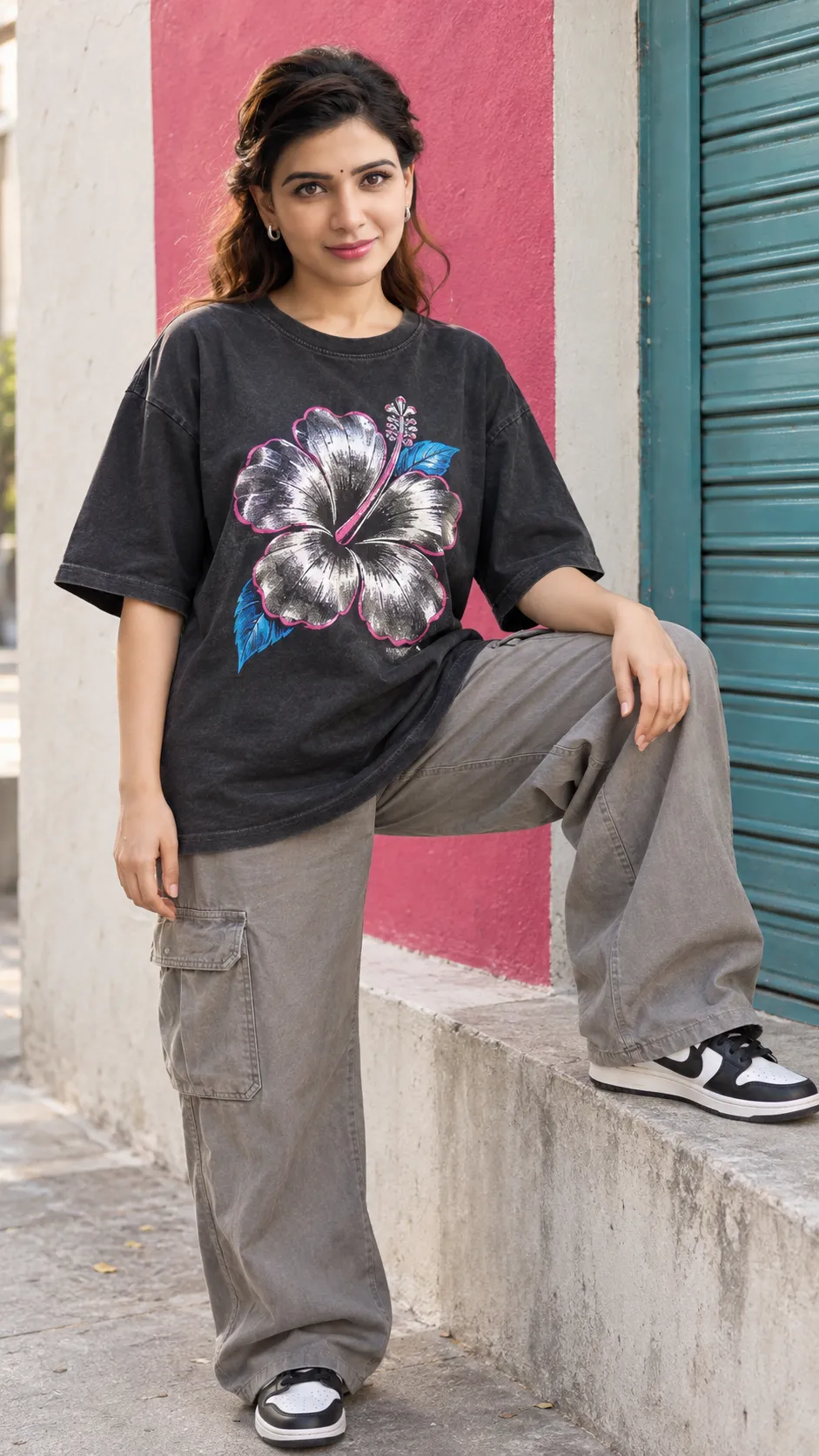 Streetwear Portrait with Hibiscus Graphic