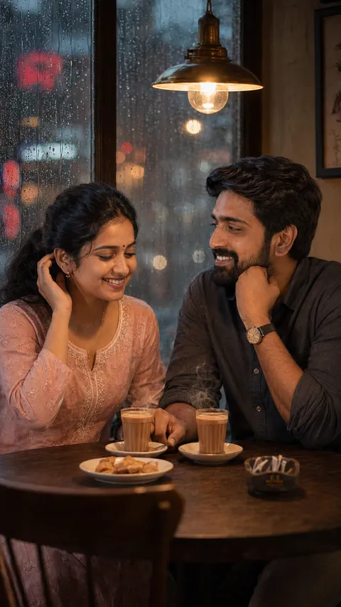 Intimate Rainy Café Couple Portrait