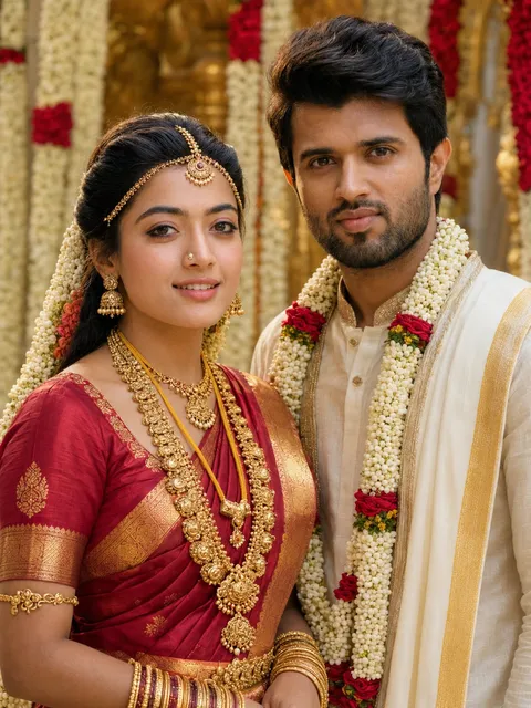 AI-generated example image for the prompt "Kanjivaram Wedding, the Classical Tamil Portrait"